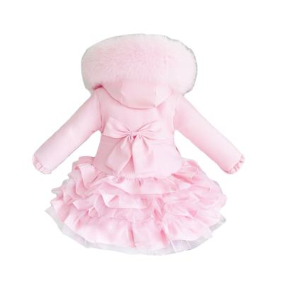 Baby Girl Pink Frilly Bottom Coat with Faux Fur Hood "MYD415 Pink"