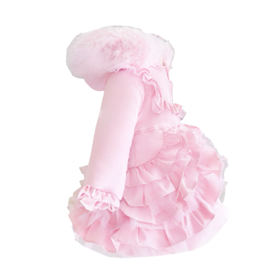 Baby Girl Pink Frilly Bottom Coat with Faux Fur Hood "MYD415 Pink"