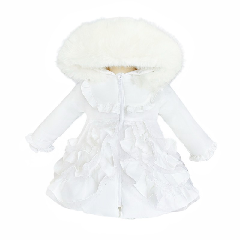 Baby Girl White Frilly Bottom Coat with Faux Fur Hood "MYD415 White"