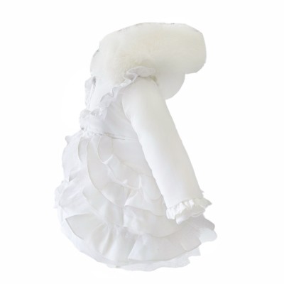 Baby Girl White Frilly Bottom Coat with Faux Fur Hood "MYD415 White"