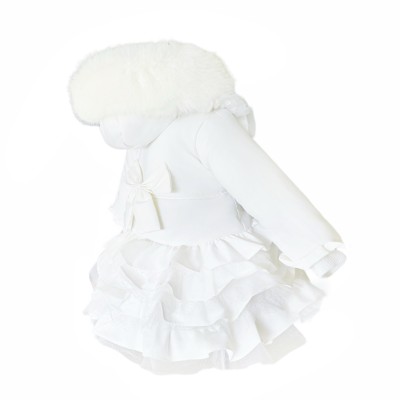 Baby Girl White Frilly Bottom Coat with Faux Fur Hood "MYD415 White"