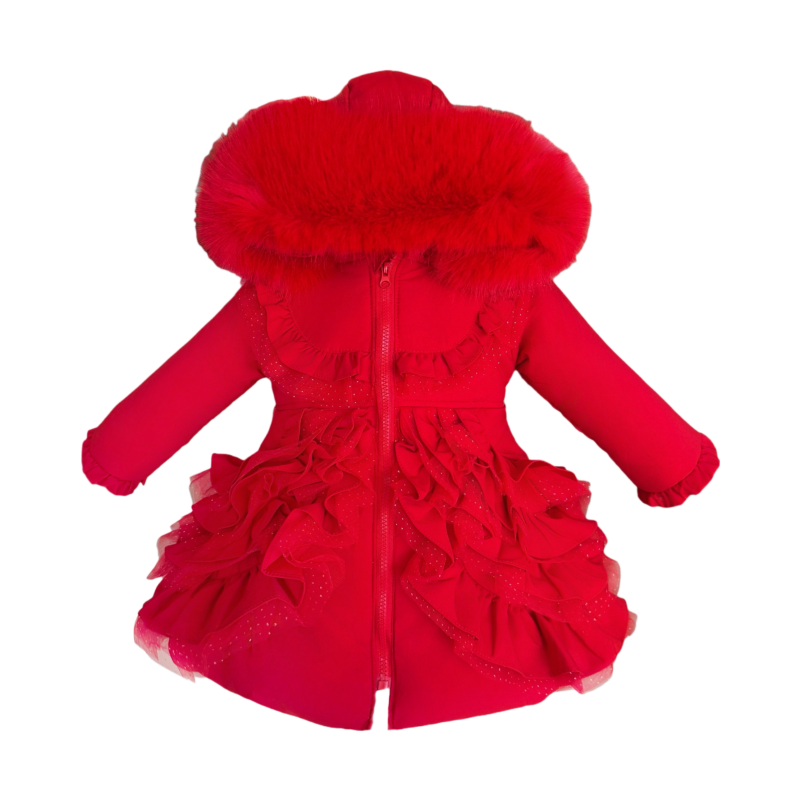 Baby Girl Red Frilly Bottom Coat with Faux Fur Hood "MYD415 Red"