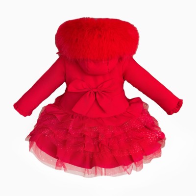 Baby Girl Red Frilly Bottom Coat with Faux Fur Hood "MYD415 Red"