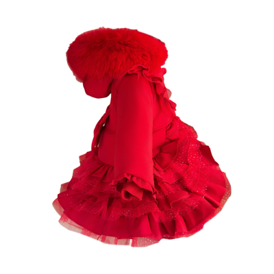 Baby Girl Red Frilly Bottom Coat with Faux Fur Hood "MYD415 Red"