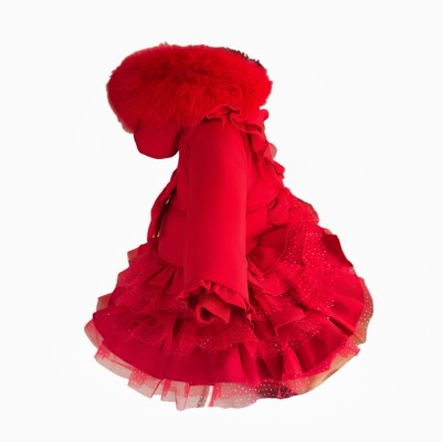 Baby Girl Red Frilly Bottom Coat with Faux Fur Hood "MYD415 Red"