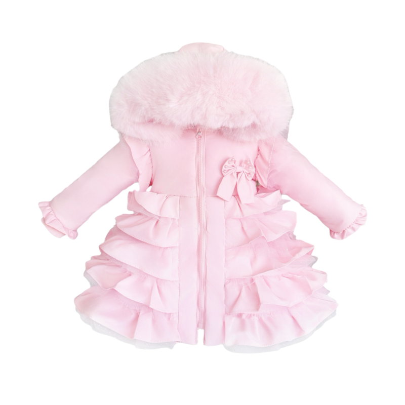 Baby Girl Pink Frilly Bottom Coat with Faux Fur Hood "MYD416 Pink"