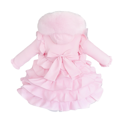 Baby Girl Pink Frilly Bottom Coat with Faux Fur Hood "MYD416 Pink"