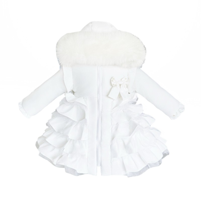 Baby Girl White Frilly Bottom Coat with Faux Fur Hood "MYD416 White"