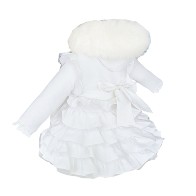 Baby Girl White Frilly Bottom Coat with Faux Fur Hood "MYD416 White"