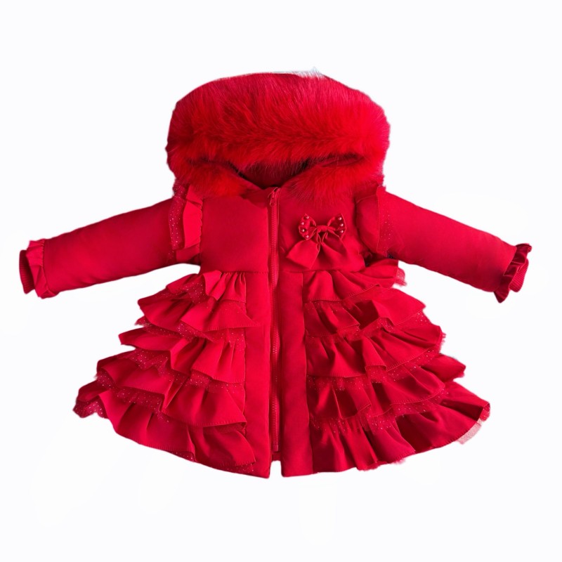 Baby Girl Red Frilly Bottom Coat with Faux Fur Hood "MYD416 Red"