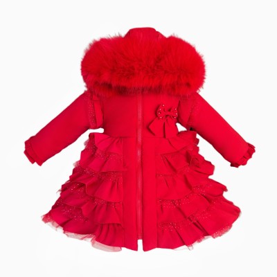 Baby Girl Red Frilly Bottom Coat with Faux Fur Hood "MYD416 Red"