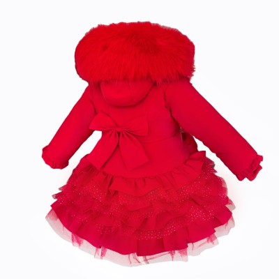 Baby Girl Red Frilly Bottom Coat with Faux Fur Hood "MYD416 Red"