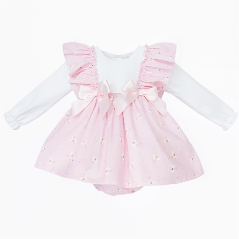 Baby Girl Pink Fairy Print Frilly Shoulder Puff Dress with Pants "MYD25259"