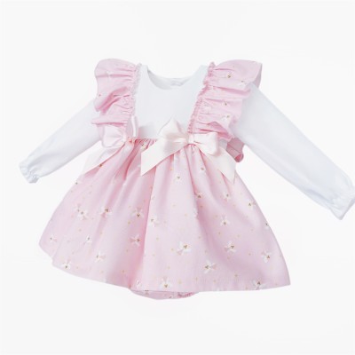 Baby Girl Pink Fairy Print Frilly Shoulder Puff Dress with Pants "MYD25259"