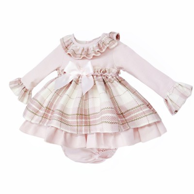 Baby Girl Pink Tartan Woven Puff Dress with Pants "MYD25236"