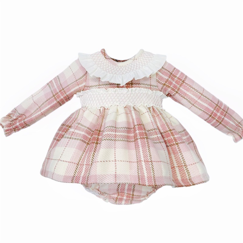 Baby Girl Pink Tartan Woven Smocked Dress with Pants "MYD25237"