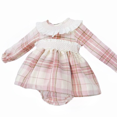 Baby Girl Pink Tartan Woven Smocked Dress with Pants "MYD25237"