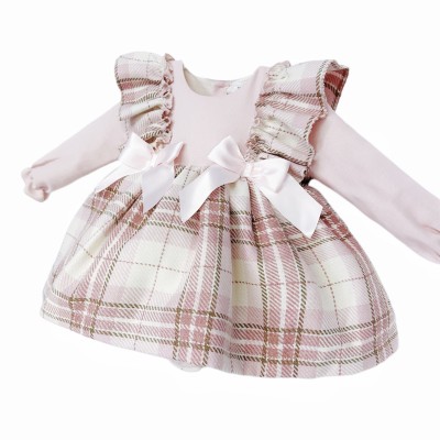 Baby Girl Pink Tartan Frilly Shoulder Puff Dress with Pants "MYD25238"
