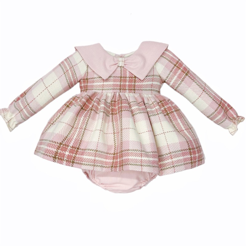 Baby Girl Pink Tartan Woven Puff Dress with Pants "MYD25240"