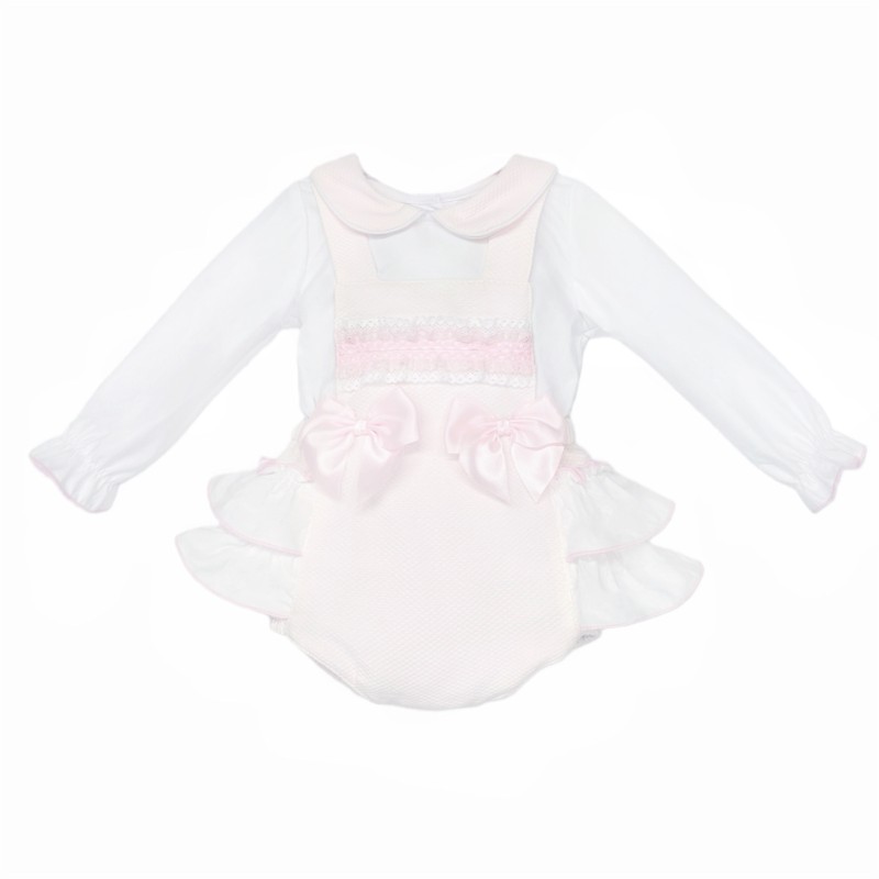 Baby Girl Pink Waffle Frilly Bottom Romper with Shirt "2537"