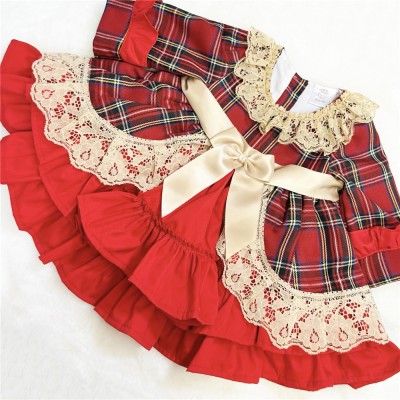 Baby Girl Red Tartan Puff Ball Dress Camel Lace "1983"