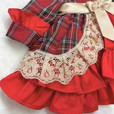 Baby Girl Red Tartan Puff Ball Dress Camel Lace "1983"