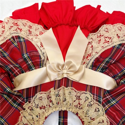 Baby Girl Red Tartan Puff Ball Dress Camel Lace "1983"