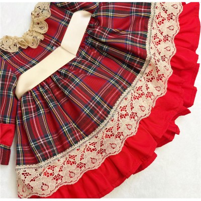 Baby Girl Red Tartan Puff Ball Dress Camel Lace "1983"