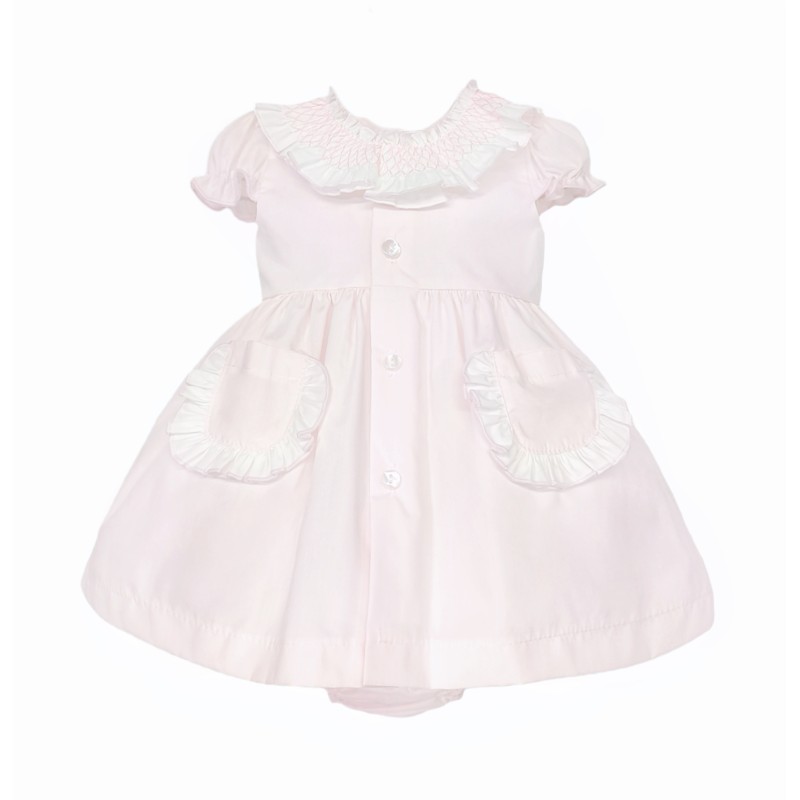 Baby Girl Pink Cotton Smocked Collar Puff Dress with Pants "MYD26013"