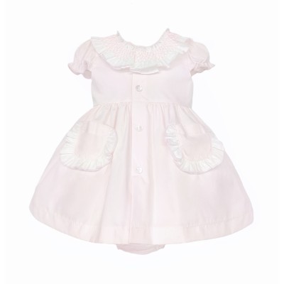 Baby Girl Pink Cotton Smocked Collar Puff Dress with Pants "MYD26013"