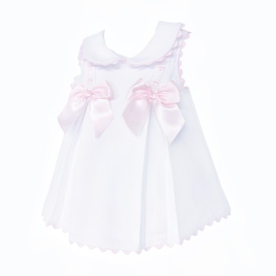 Baby Girl White Waffle with Pink Bow Dress "2602 WP"