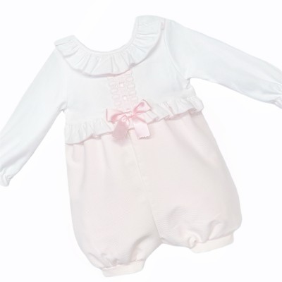 *Clearance* Baby Girl Pink Waffle Satin Bow Romper "MYD210"