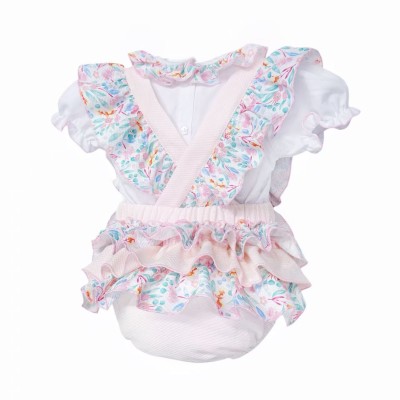 Baby Girl Pink Floral Waffle Frilly Bottom Romper with Shirt "2615"