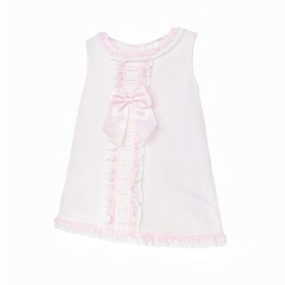 Baby Girl Pink Waffle Cotton Dress Ribbon Insert Lace "2612"