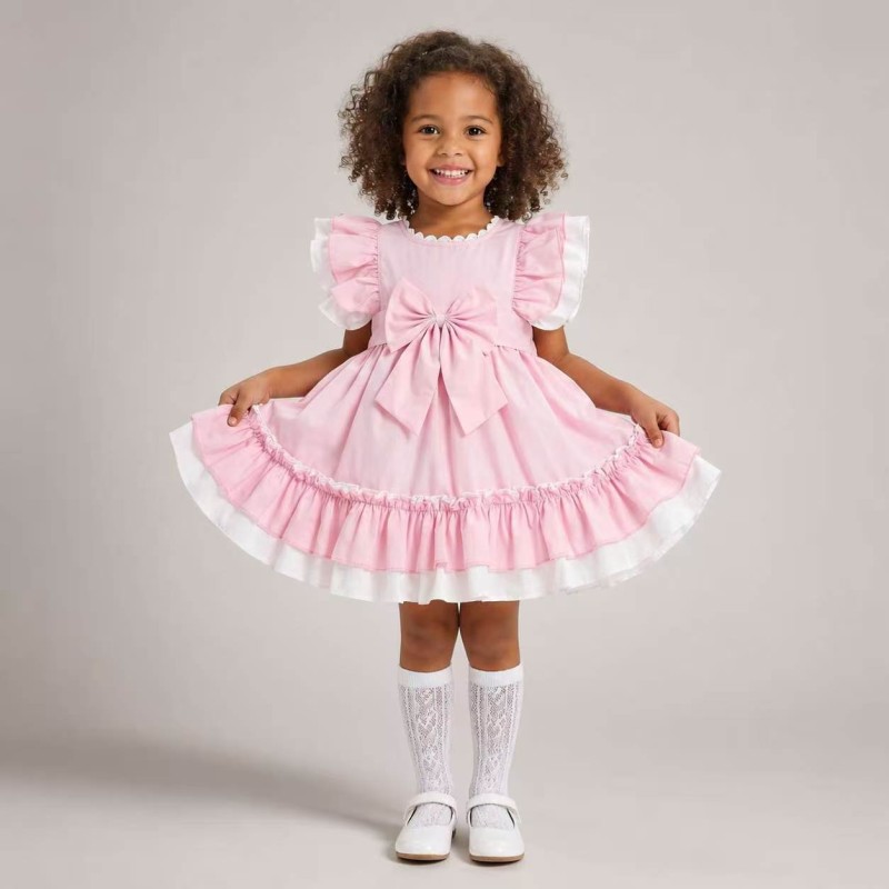Baby Girl Cotton Pink with White Puff Ball Dress "2617"