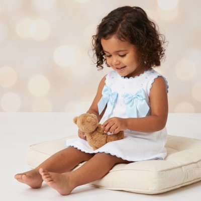 Baby Girl White with Blue Small Waffle A Line Dress "8602 B"