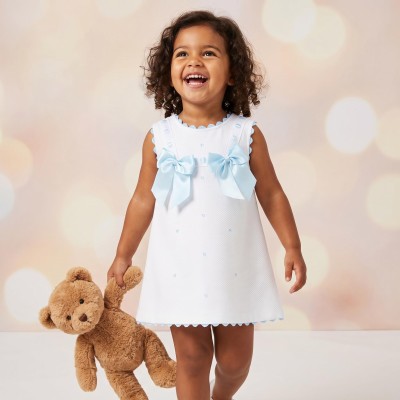 Baby Girl White with Blue Small Waffle A Line Dress "8602 B"
