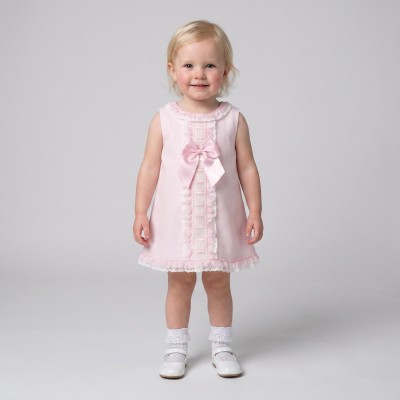 Baby Girl Pink Waffle Cotton Dress Ribbon Insert Lace "2612"