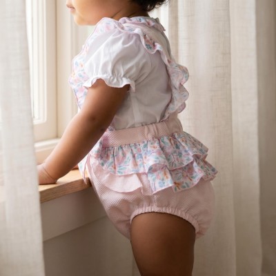 Baby Girl Pink Floral Waffle Frilly Bottom Romper with Shirt "2615"