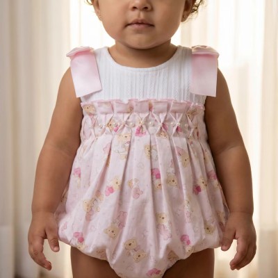 Baby Girl Pink Teddy Shoulder Bow Pearl Romper "2606"