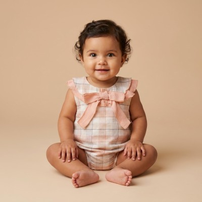 Baby Girl Dusty Pink Checked Sheer Romper Collar "MYD26052"