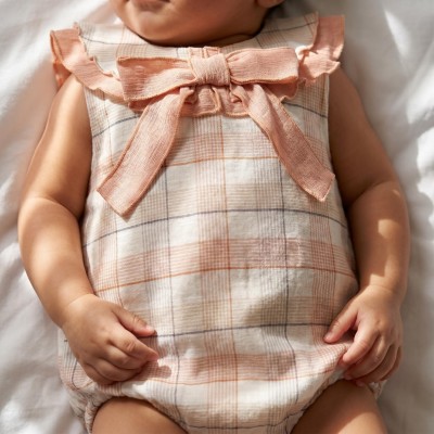 Baby Girl Dusty Pink Checked Sheer Romper Collar "MYD26052"