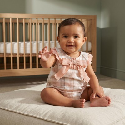 Baby Girl Dusty Pink Checked Sheer Romper Collar "MYD26052"