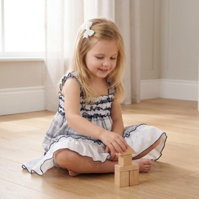 Baby Girl Navy Grey Checked Sheer Sun Dress with Pants "MYD26051"