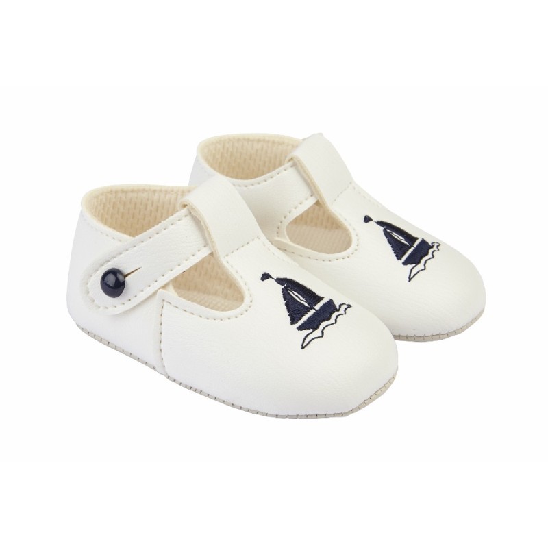 White/Navy Matt Embroidered Sail Boat Pram Shoes